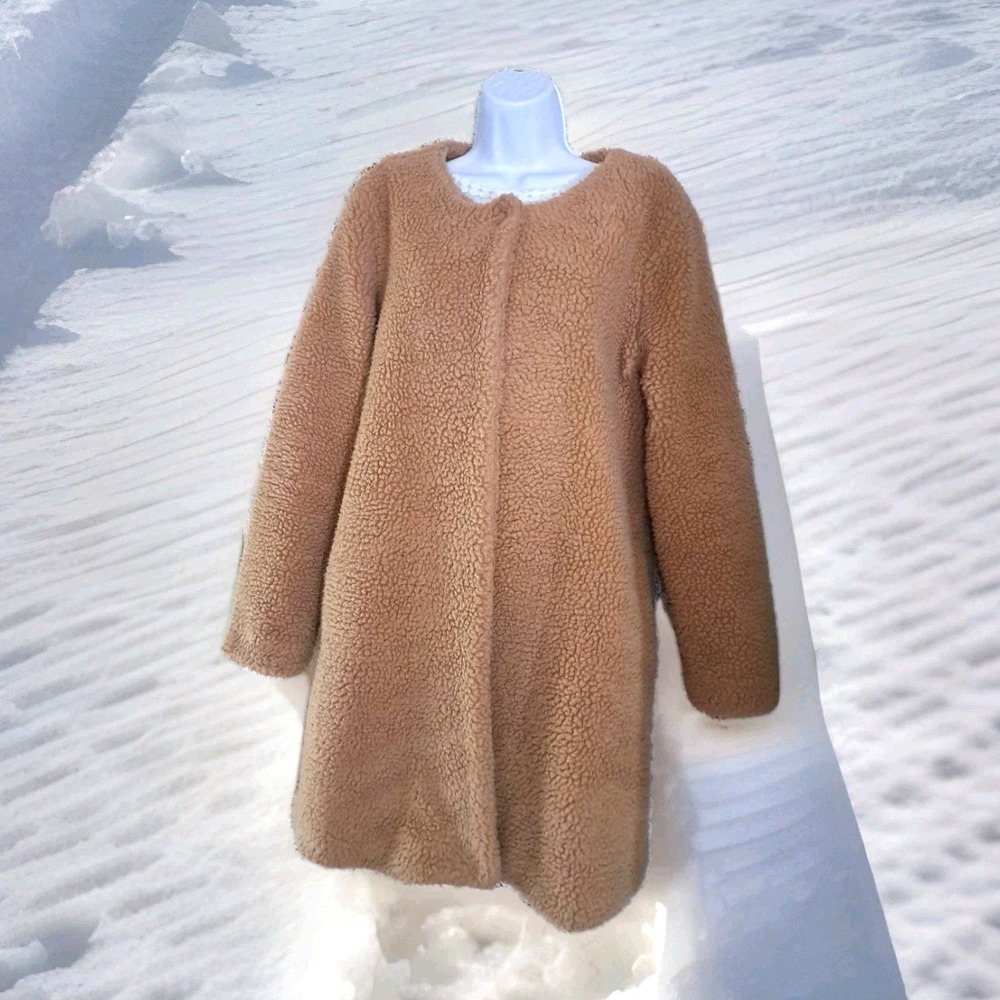 Women's Fever Coat S Brown Faux Fur Sherpa One Button Lined Pockets Knee Length